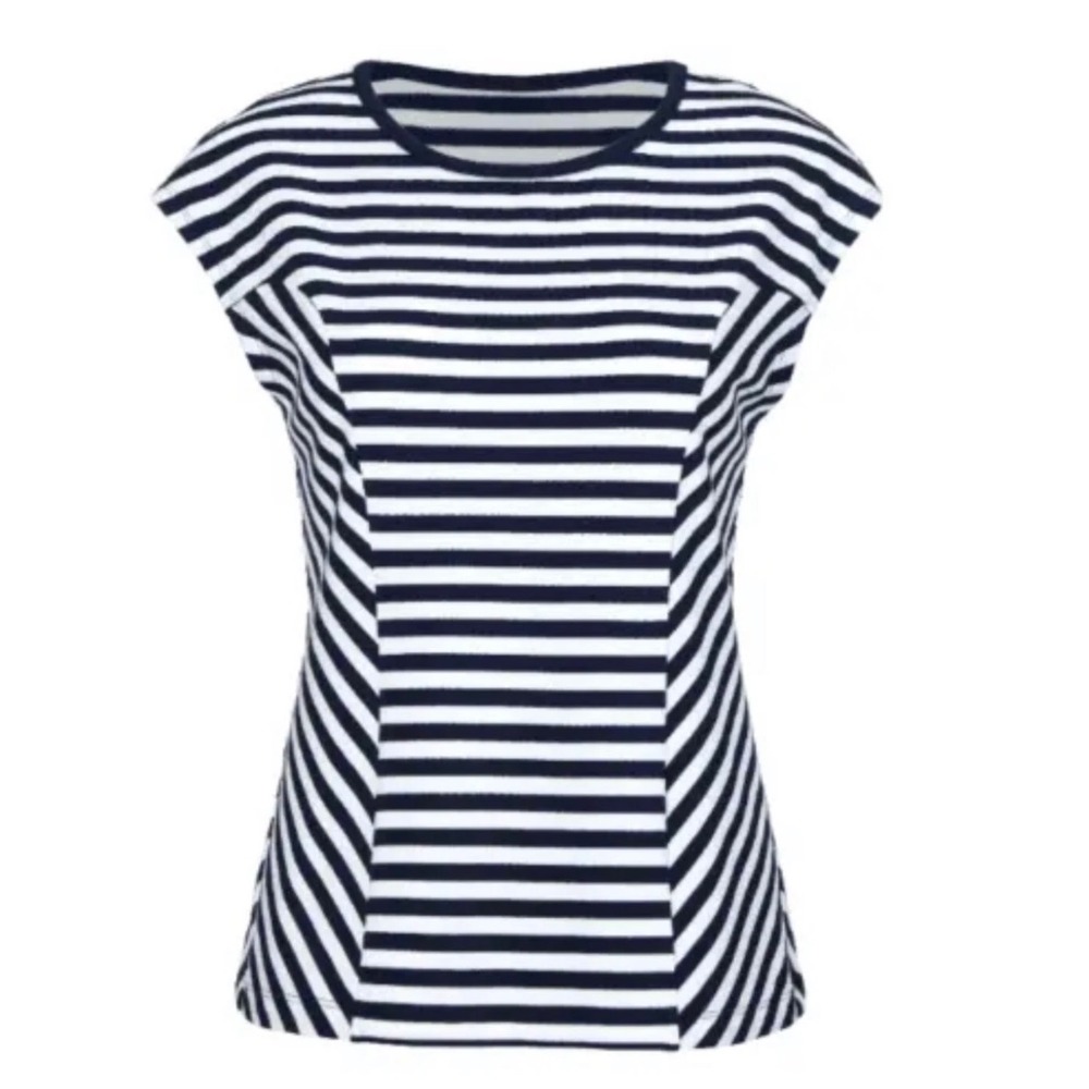 Cabi‎ Illusion Tee Striped French Terry Cap Sleeve Top Navy White 6337 Womens S